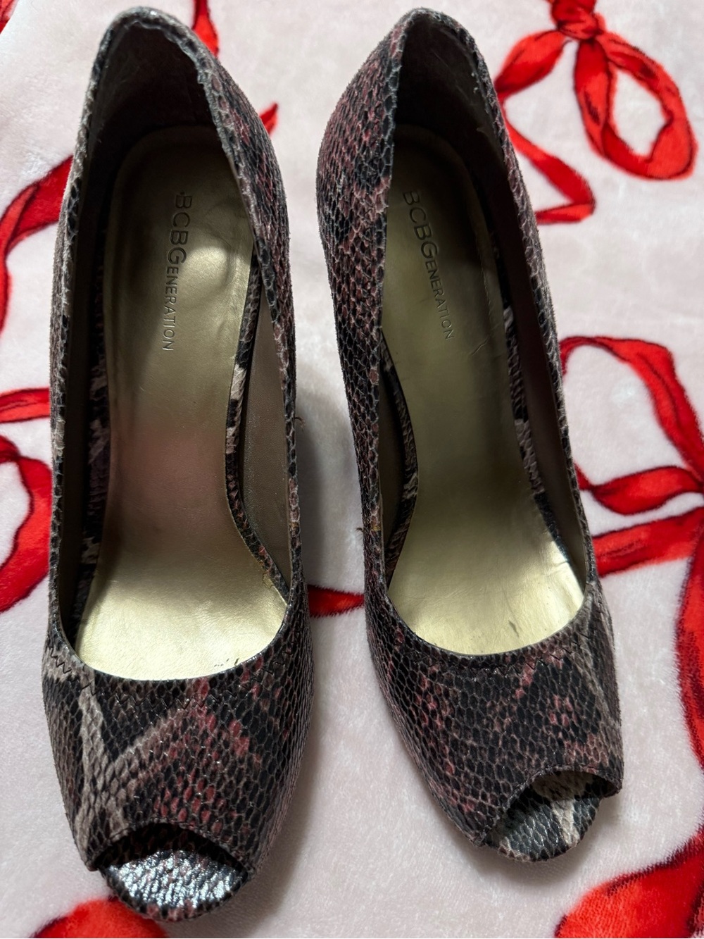 BCBGeneration Snake-Print Peep Toe Pumps in Brown and Black